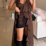 Solid Color V-neck Ruffled Irregular Loose Top