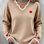 Women'S Casual V-Neck Long-Sleeved Top With A Heart Design.