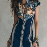 Retro Floral Print Striped Stand-collar Mini Dress