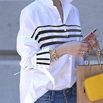 Flared Sleeves Long Sleeves Buttoned Contrast Color Split-Joint Striped Stand Collar Blouses&Shirts Tops