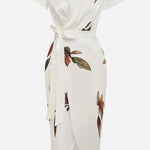 White Leaf Short Sleeve Satin Wrap Sheath Midi Dress