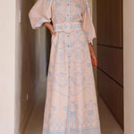 Long Sleeves Loose Belted Buttoned Contrast Color Printed Split-Joint Split-Side Lapel Maxi Dresses Shirt Dress