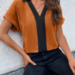 Loose Short Sleeves Contrast Color V-Neck T-Shirts Tops
