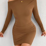 Bodycon Long Sleeves Asymmetric Pleated Solid Color One-Shoulder Mini Dresses