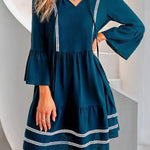 Flared Sleeves High Waisted Pleated Split-Joint V-Neck Mini Dresses