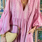 Marrakech Stories Linen Blend Printed Balloon Sleeve Pocketed A-line Midi Dress