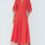 A-Line High Waisted Pleated Solid Color V-Neck Maxi Dresses Shirt Dress