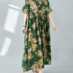 Half Sleeves Loose Flower Print Pleated Pockets Round-neck Midi Dresses