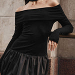 High Waisted Long Sleeves Contrast Color Pleated Split-Joint Off-The-Shoulder Mini Dresses
