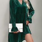 A-Line Long Sleeves Pleated Solid Color Velvet V-Neck Mini Dresses