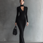 Women's Elegant Black Stretchy Knit Turtleneck Long-sleeved Bodycon Maxi Dress