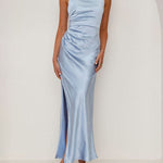 Sleeveless Pleated Solid Color Split-Joint Split-Side Spaghetti-Neck Midi Dresses