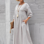 11 Colors Simple Round-Neck Solid Color Midi Dress
