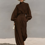 Women's Chocolate Woven Set With Puff Sleeve Turtleneck & Wide-Leg Pants, Timeless Luxe-Chic Style Set
