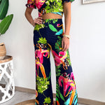 Floral Print V Neck Short Sleeves Crop Top Elastic Waist Wide Leg Pants Set