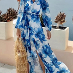 Island Girl Floral Print V-neck Long Sleeve Tie Slit Holiday Maxi Dress