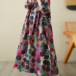 Long Sleeves Loose Flower Print Pockets Split-Joint Round-Neck Midi Dresses