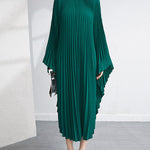 Urban Flared Batwing Sleeves Pleated Solid Color Round-Neck Midi Dresses