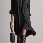 Women's Black Satin Shirt Dress With Tie-Neck Detail & Asymmetric Hem, Timeless Sleek-Casual Style Dress