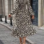 Elasticated Waist High Waisted Contrast Color Leopard Pleated Split-Joint V-Neck Maxi Dresses