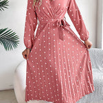 A-Line High Waisted Elasticity Pleated Polka-Dot Split-Joint Tied Waist V-Neck Midi Dresses Shirt Dress