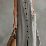 Women's Elegant Gray Woven V-neck Sleeveless Maxi Dress