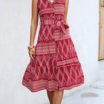 Sleeveless Buttoned Printed Tied Waist Lapel Collar Midi Dresses