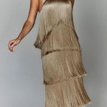 Margovil Chicest Halter Ruffle Layered Fringe Maxi Party Dress
