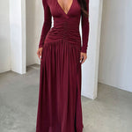 A-Line Bodycon Pleated Solid Color Split-Joint Split-Side Deep V-Neck Maxi Dresses