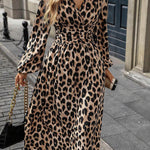 Elasticated Waist High Waisted Contrast Color Leopard Pleated Split-Joint V-Neck Maxi Dresses
