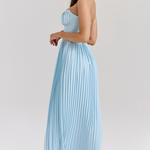 Strapless Cinch Waist Pleated Maxi Dresses-Blue [Pre Order]