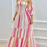 A-Line High Waisted Contrast Color Pleated Split-Joint Off-The-Shoulder Maxi Dresses