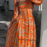 A-Line High Waisted Flower Print Pleated Zipper Mock Neck Maxi Dresses
