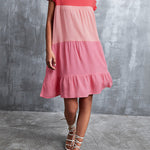 Loose Ruffle Sleeves Contrast Color Falbala Pleated Split-Joint Round-Neck Mini Dresses