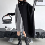Batwing Sleeves Hipster Asymmetric Contrast Color Split-Joint High-Neck Midi Dresses Sweater Dresses