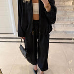 Loose-fitting Zippered Jacket with Lantern Sleeves + High-Waisted Drawstring Wide-Leg Pants Set