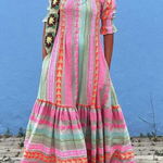 Music Festival Geometric Color Block Pocketed Smocked Boho Maxi Dress