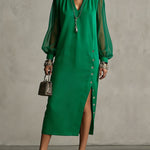 Long Sleeves Puff Sleeves Buttoned Pleated Pockets Solid Color Split-Side V-Neck Midi Dresses