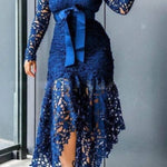 High-neck lace bow tie irregular long skirt