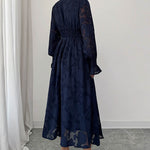 A-Line Elasticated Waist Jacquard Leaves Print Ruffled Solid Color Split-Joint Deep V-Neck Midi Dresses