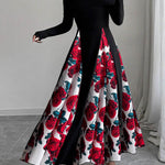 High Waisted Long Sleeves Contrast Color Flower Print Split-Joint Off-the-shoulder Maxi Dresses
