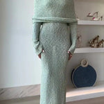 Marisol Ribbed Boucle Material Draped Off Shoulder Stretch Vacation Maxi Dress