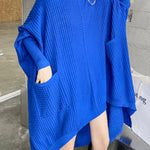 Batwing Sleeves High-Low Pockets Solid Color High-Neck Midi Dresses Sweater Dresses