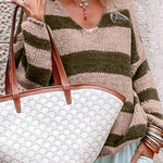 Green Striped Colorblock Knit V Neck Loose Fit Sweater