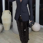 Chic Holiday Look Large Sequins High Rise Zipper Waist Slit Maxi Skirt