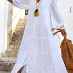 Seraphina Cotton Linen Blend Button Up Tiered Maxi Dress