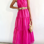 Loose Sleeveless Plaid Ribbed Stand Collar Maxi Dresses