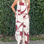 White Abstract Print Button Back Vest and Wide Leg Pants Set