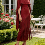 Cape High Waisted Solid Color Split-Joint Tasseled Scarf Collar Midi Dresses