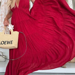 Bohemian Style V-neck Backless Slip Layered Vacation Maxi Dress